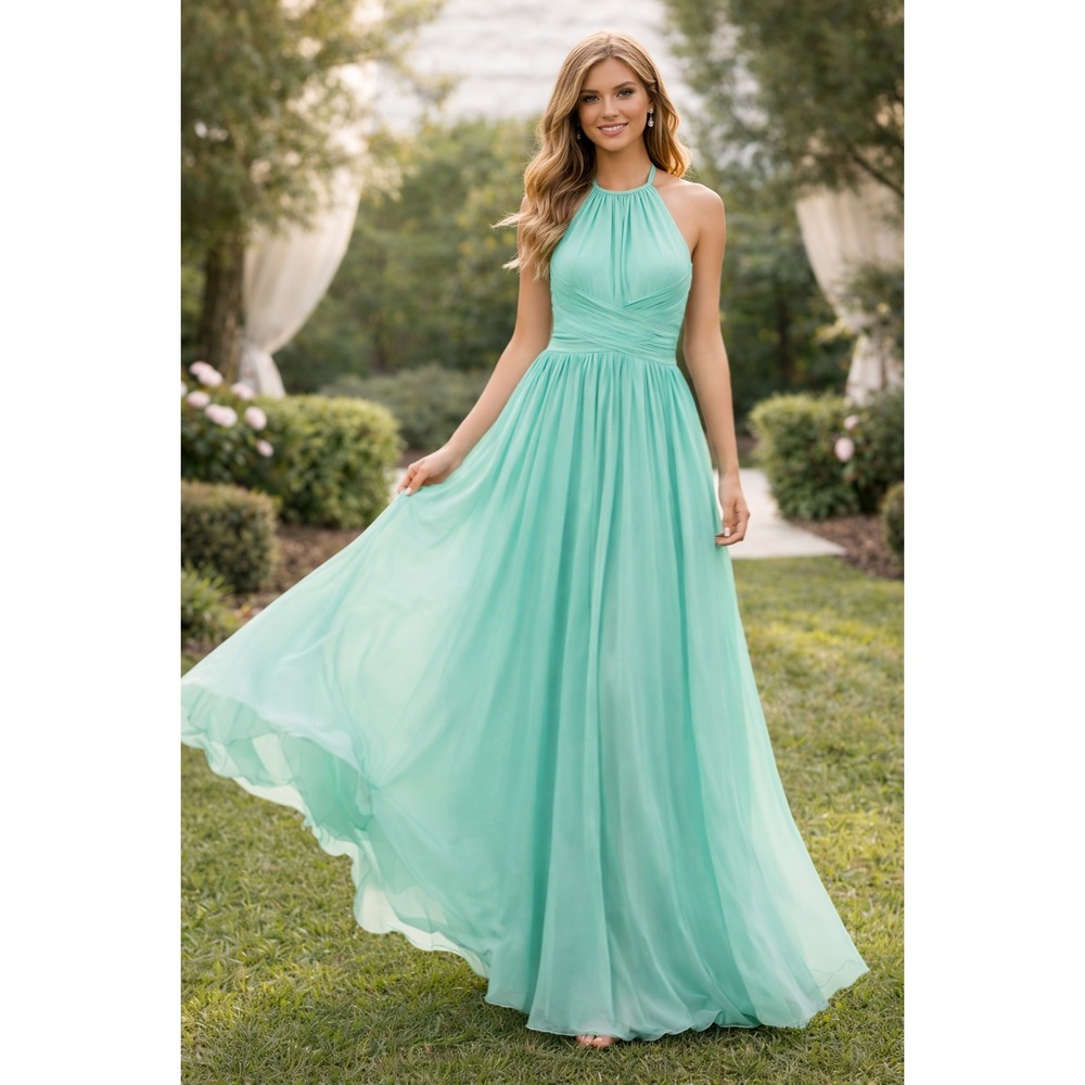 B2 Jasmine Bridesmaid Prom Gown 6 Seafoam Green Chiffon‎ Halter Dress